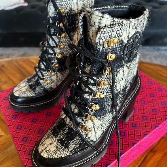 Tory Burch Shoes - Tory Burch Black & White Tweed Lace-Up Combat Boot